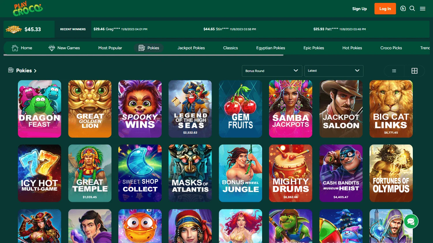 Croco Casino desktop games lobby
