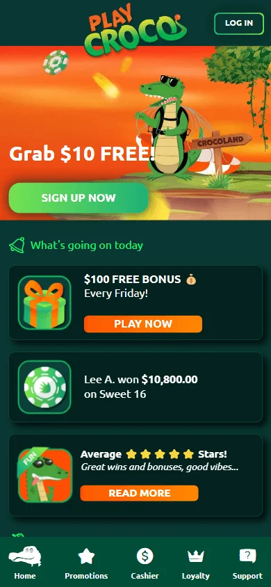 Croco Casino mobile casino home screen