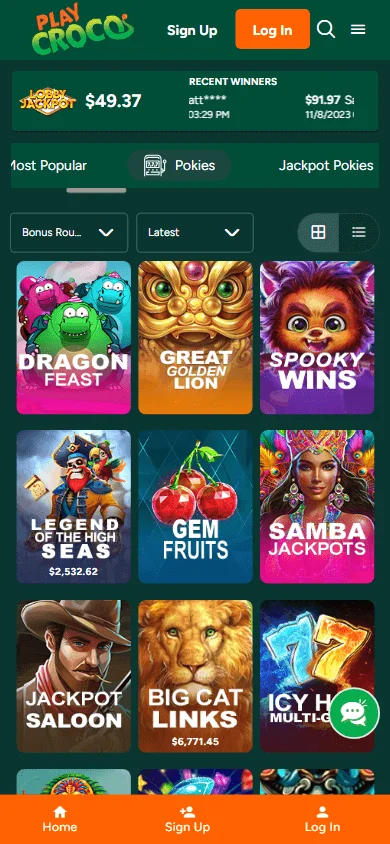 Croco Casino mobile games lobby